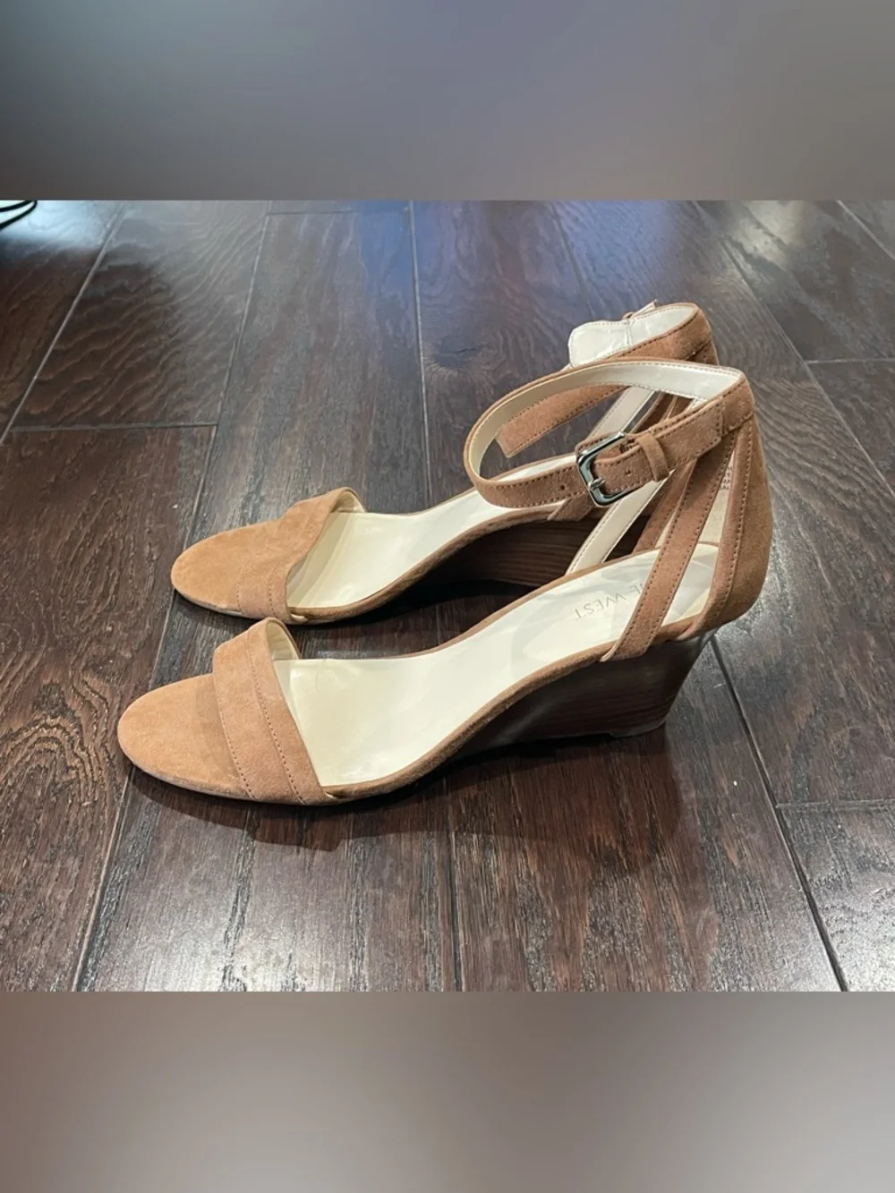 Nine West Ventana Ankle Strap Sand Demi Wedge Sandal Women  Size 9.5M
